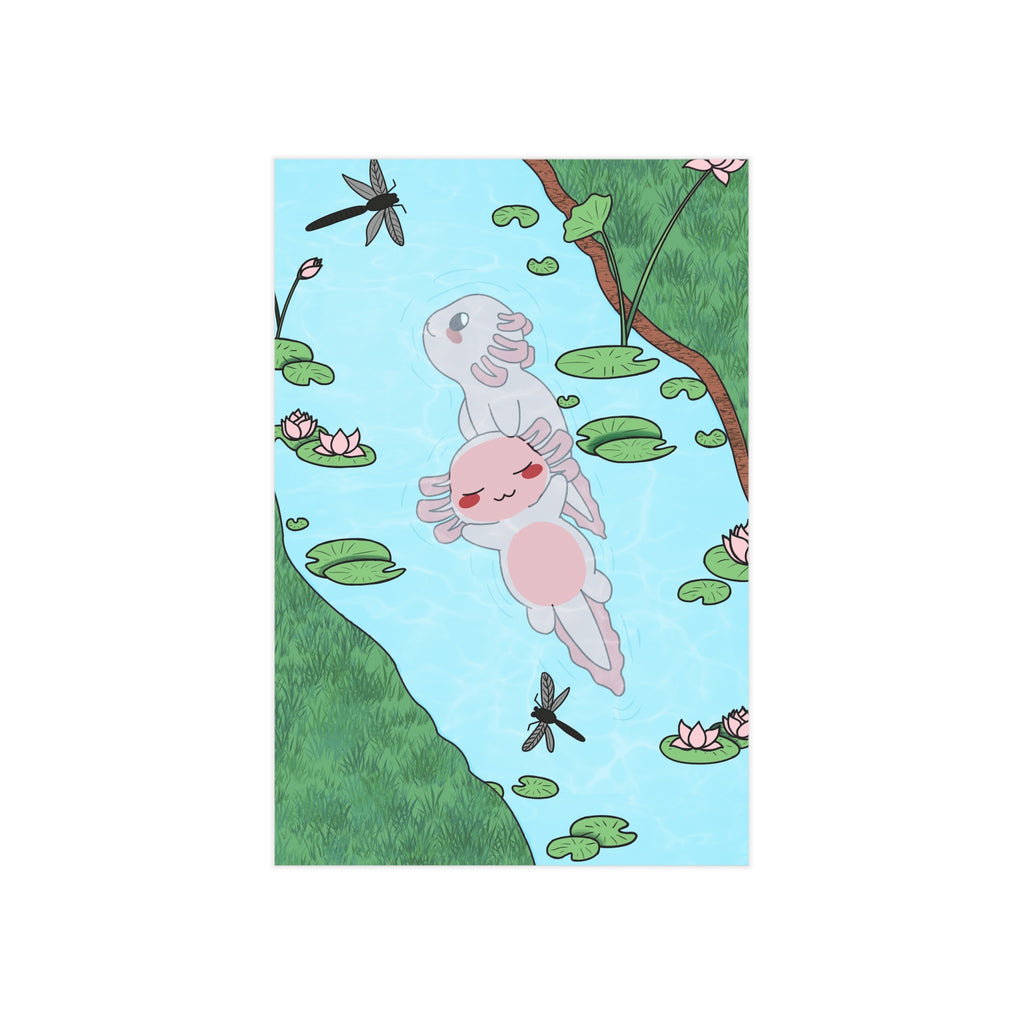 Axolotl Pond Art Print — Cute Kawaii Axolotls Floating Unframed Print