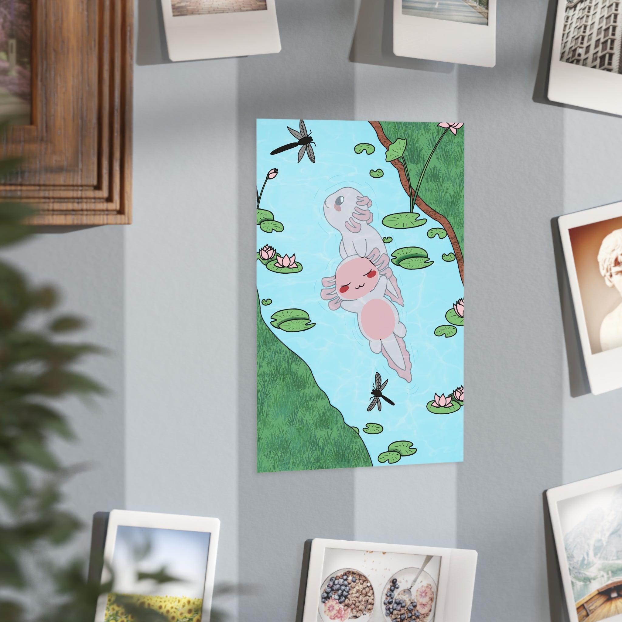 Axolotl Pond Art Print — Cute Kawaii Axolotls Floating Unframed Print